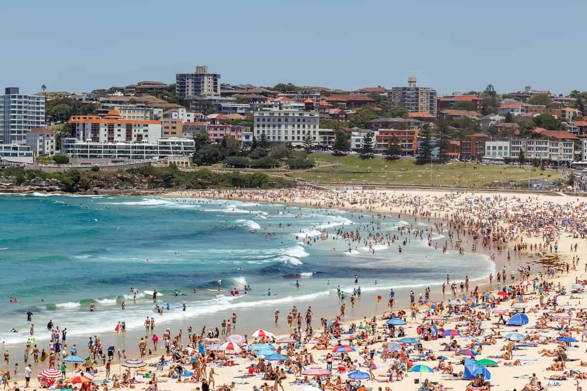 Crowded Bondi Beach on a hot summer day. Located pretty close to the Sydney`s CBD