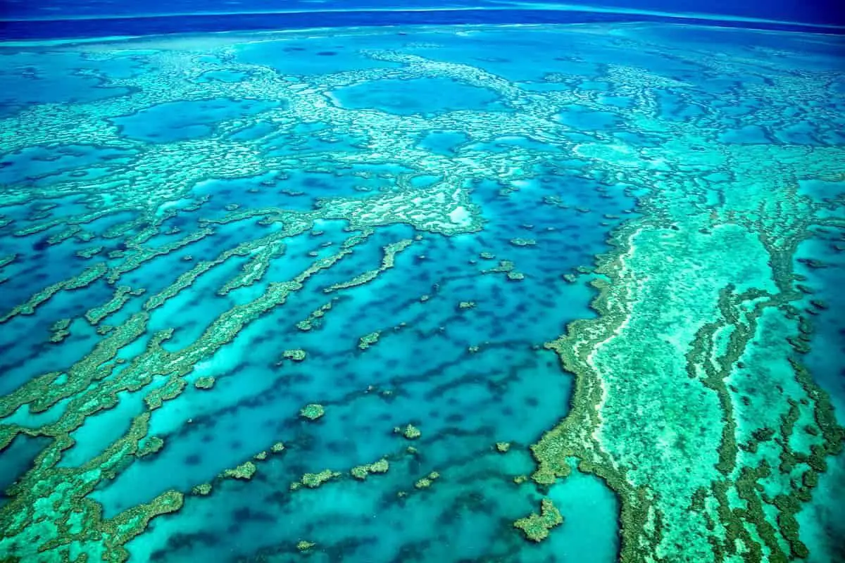 Air view of the Great Barrier Reef in the Whitsundays, Queensland Australia.